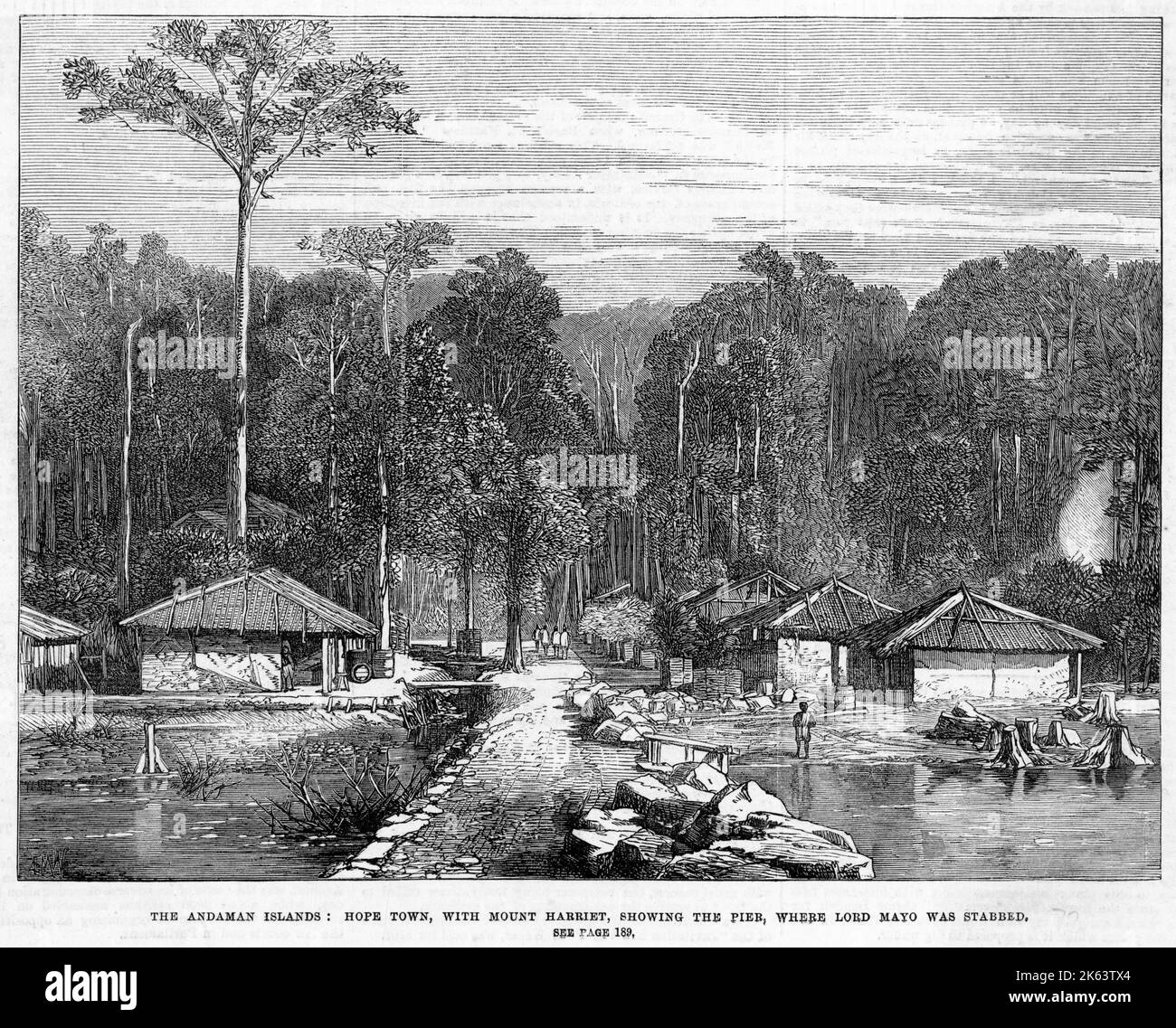 Hope Town, with Mount Harriet, showing the pier where Earl Mayo was fatally stabbed by a discontented native. Stock Photo