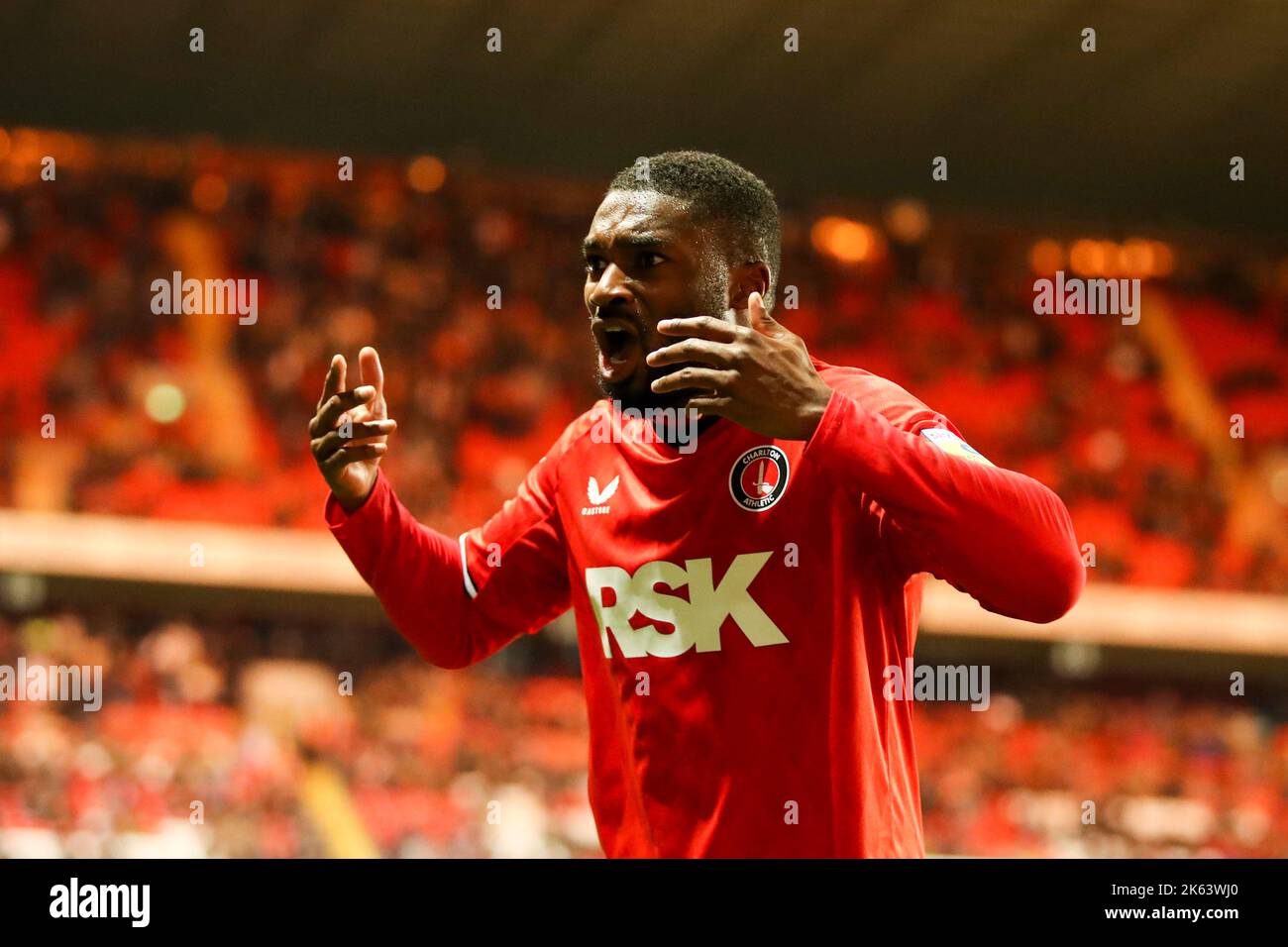 London, UK. 11th October 2022. Mandela Egbo of Charlton Athletic reacts angrily to the awarding of an opposition penalty during the Sky Bet League 1 match between Charlton Athletic and Exeter City at The Valley, London on Tuesday 11th October 2022. (Credit: Tom West | MI News) Credit: MI News & Sport /Alamy Live News Stock Photo