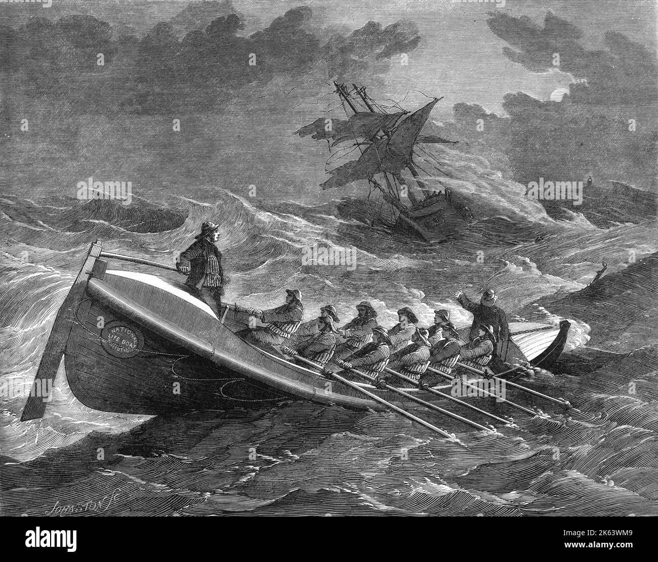 The Tenby life boat proceeding to the rescue of the crew of the Spanish ship Nuevo Torcuvato, 1857. The life boat bears the mark of the National Life Boat Institution.     Date: 7th December 1857 Stock Photo