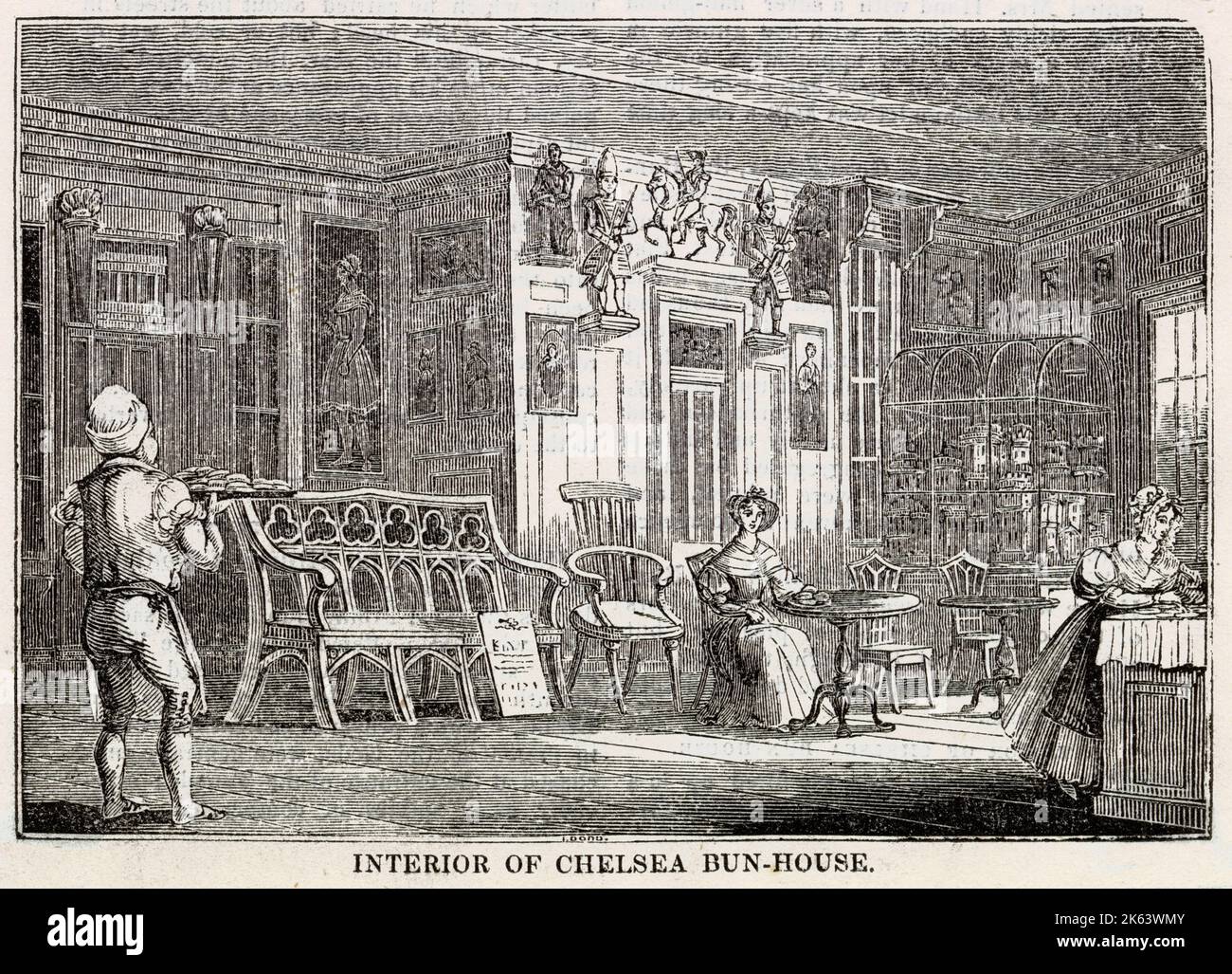 Interior of the Chelsea Bun House in 1839, originator of the Chelsea bun and patronised by Hanoverian royalty, Kings George II and III. The shop was on the main road from Pimlico to Chelsea. Stock Photo