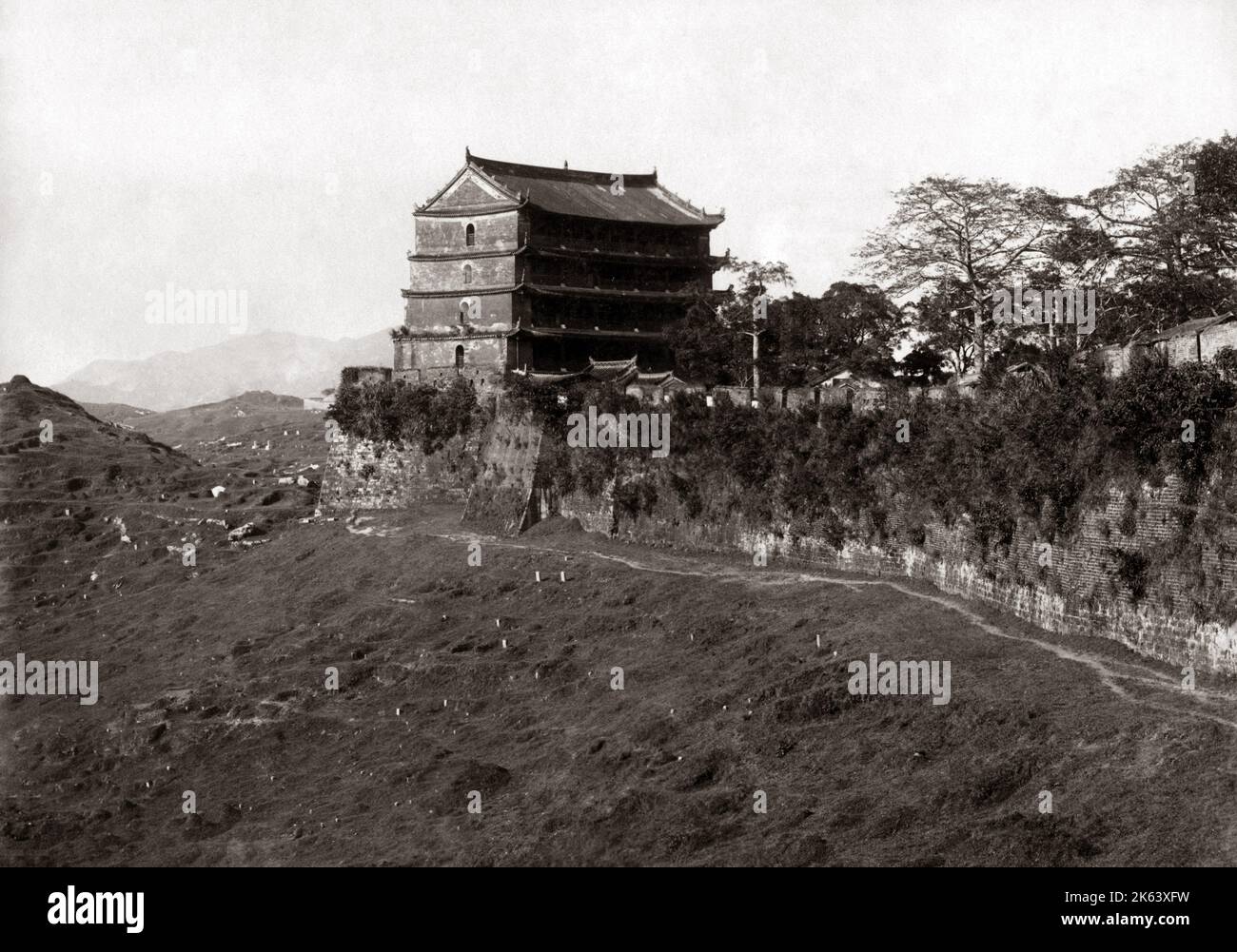 Five storied pagoda, Canton, (Guangzhou) Japan, circa 1870s. Stock Photo