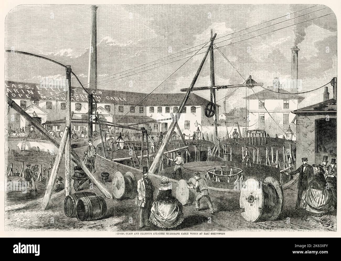 Messrs Glasse and Elliott's Atlantic Telegraph Cable Works yard at East Greenwich, London. The 1,250 tons of telegraphic cable being laid out in five coils to go on-board the H.M.S. 'Agamemnon' ship. Stock Photo