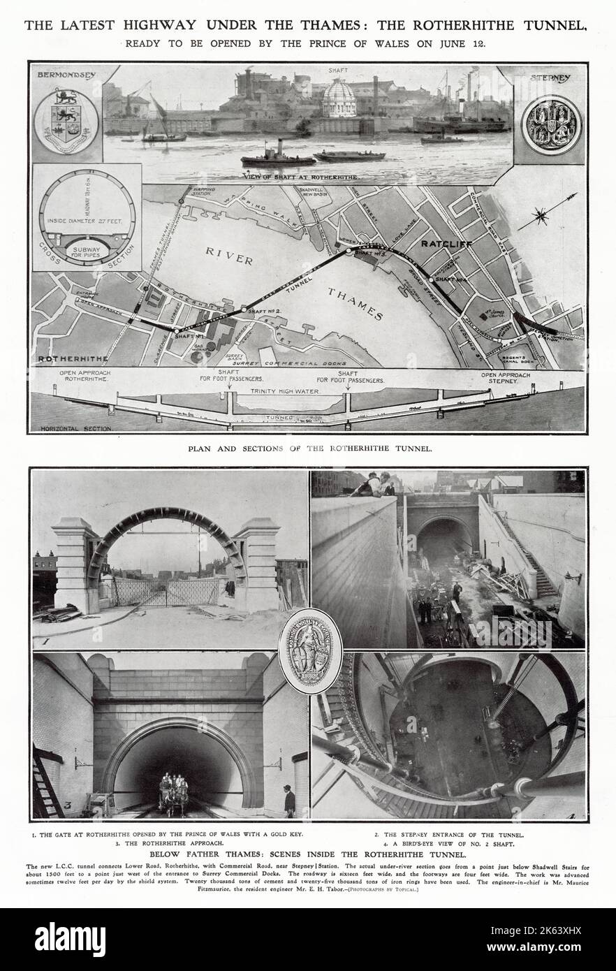 Diagram plan of where the latest road tunnel under the River Thames, London is situated, linking Rotherhithe on the south west to Limehouse on the north east. Also photographs of the construction of the entrance at Rotherhithe and Stepney.      Date: 1908 Stock Photo