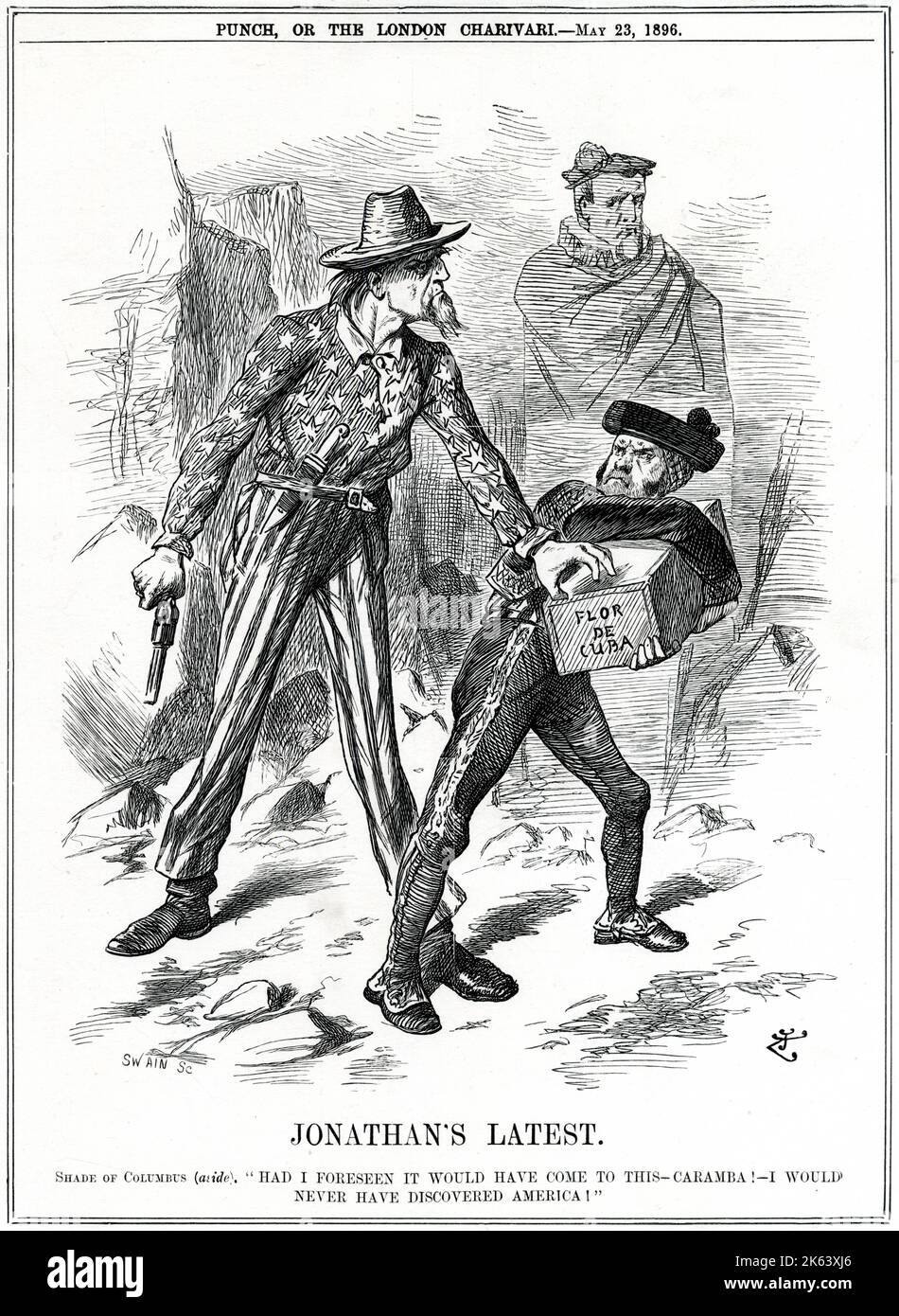 'Shade of Columbus (aside): &quot;Had I forseen it would have come to this -Caramba! - I would never have discovered America!&quot;    A tall man with a scraggly bear and hat, wearing striped trousers and a shirt covered in stars (meant to represent America), holds a gun and reaches towards a box labelled 'Flor de Cuba'. A shorter man with a full beard, wearing a Spanish matador outfit (representing Spain), clutches the box as he leans away from the other mans hand. Columbus as a ghost stands in the background looking on. This is a satirical cartoon for Punch Magazine about American interventi Stock Photo