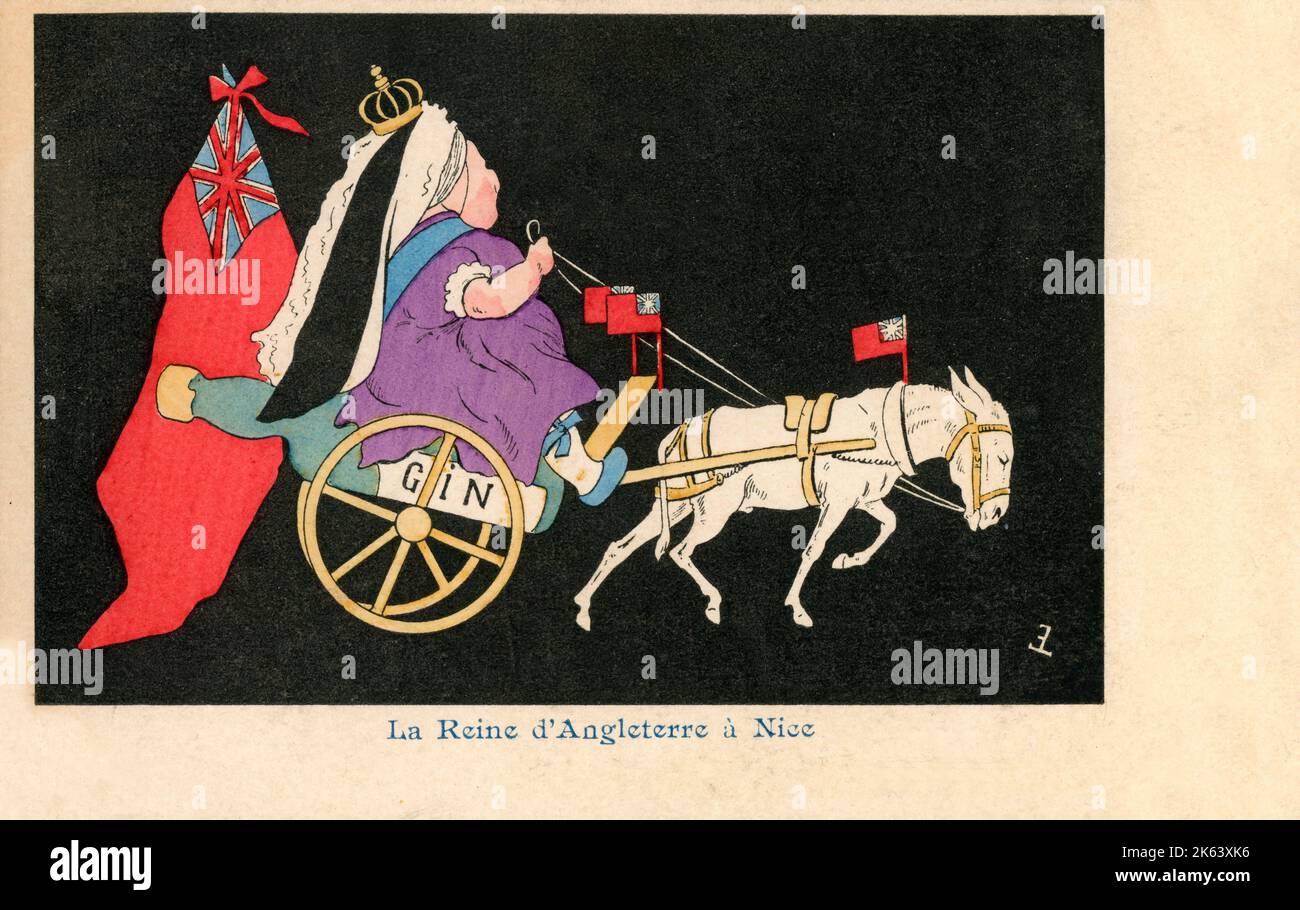 Queen Victoria in Nice, France - a rather (!) disrespectful late 19th century French satirical caricature. In 1882, Queen Victoria began her winter affair with the Cote dAzur, she would arrive bearing extensive food and drink supplies, a multitude of staff, Highland soldiers and Abdul Karim, her Indian attendant (highly unpopular with all bar the queen herself). The queen would ride out frequently, either in a carriage or a cart pulled by 'Jacquot', a donkey she had rescued, half-starved, from a peasant (as lampooned on this card) and which she subsequently took back and forth to England with Stock Photo