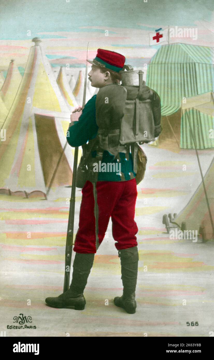 WW1 era - French Infantryman of 1914. Unlike other armies fighting in World War One, the French initially retained their 19th-century uniforms  something that had been a point of political contention before the war. Consisting of bright blue tunics and striking red trousers, some warned of terrible consequences if French forces were to continue wearing these uniforms on the battlefield. After disastrous losses at the Battle of the Frontiers, a significant factor being the high visibility of French uniforms and the propensity for those visible uniforms to attract heavy artillery fire, the decis Stock Photo
