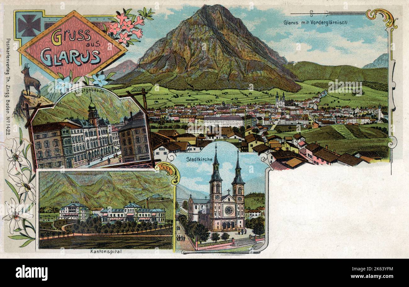 Sights of Glarus, Switzerland, including The Vorder Glrnisch mountain of the Schwyzer Alps overshadowing the town, the Post Office building, Cantons Hospital (Kantonsspital) and Stadtkirche. Stock Photo