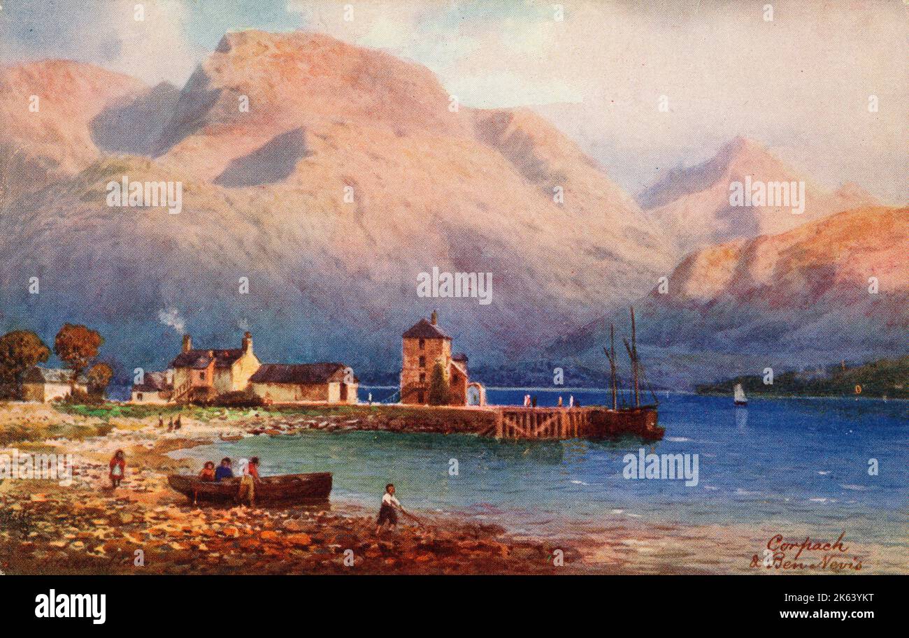 Corpach - a small village situated at the angle of Loch Eil, the pier of which marks the point on the Caledonian Canal where salt and fresh water meet. The massive shape of Ben Nevis rises to dominate the background. circa 1910s Stock Photo