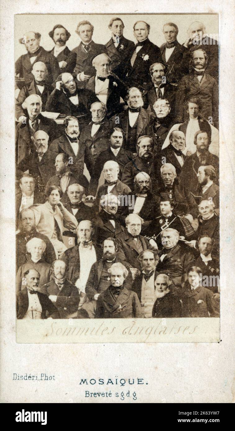 Collage Mosaic photograph by Disderi reproduced on a carte de visite showing well-known 'English luminaries' of the period (the 1860s). André-Adolphe-Eugène Disdéri (1819–1889) was a French photographer who started his photographic career as a daguerreotypist but gained greater fame for patenting his version of the carte de visite, a small photographic image which was mounted on a card. Stock Photo