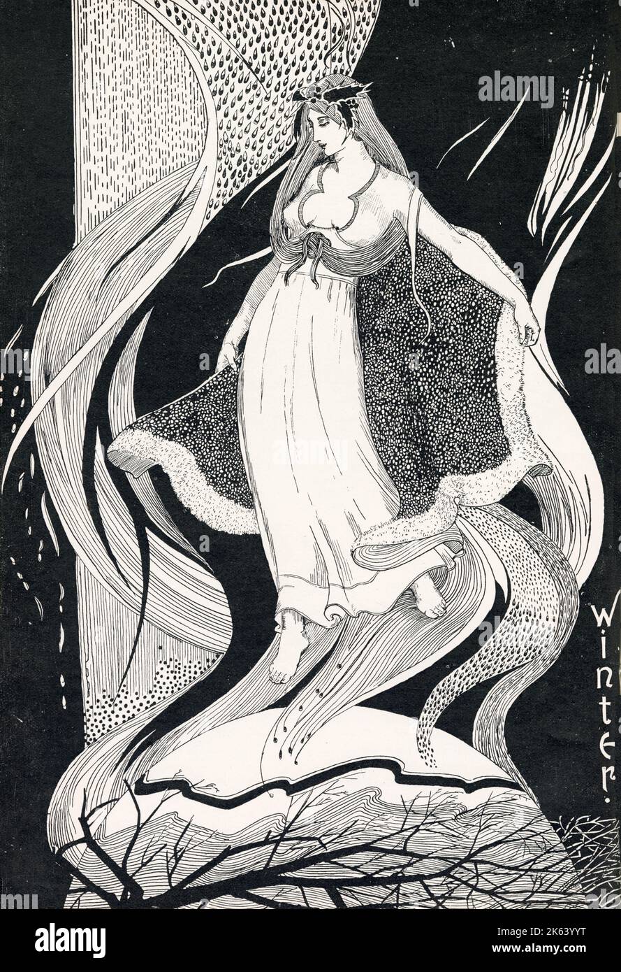 art nouveau illustration of a woman representing winter Stock