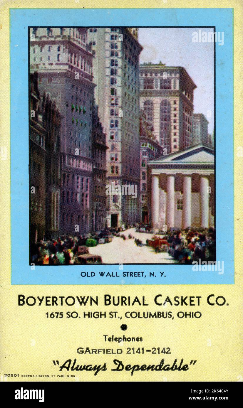 Old Wall Street, New York, NY, USA pictured on a promotional postcard