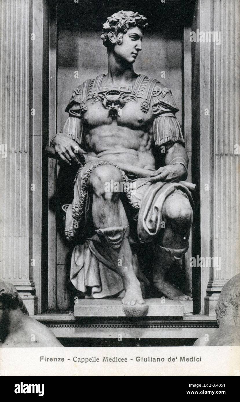 The (idealised!) Portrait of Giuliano de' Medici (1479–1516) - a marble sculpture by Michelangelo, dating to 1526–1534. Part of the decorative scheme of the Medici Chapel in San Lorenzo in Florence, Italy. The work, inserted in a niche, shows the young duke seated, dressed like an ancient Roman general and in an attitude of pride, as noted by Vasari, as opposed to the 'melancholic' Lorenzo. Stock Photo