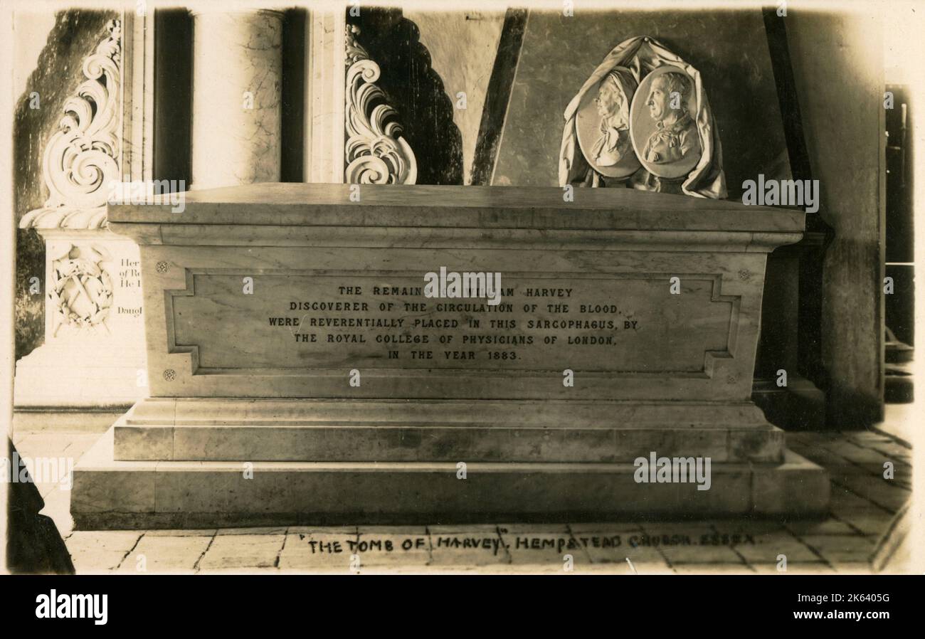 Tomb of William Harvey (1578-1657), English Physician, the first known physician to describe completely, and in detail, the systemic circulation and properties of blood being pumped to the brain and the rest of the body by the heart. To be found in  St. Andrew's Church, Hempstead, Essex. Sarcophagus Memorial donated by the Royal College of Physicians of London in 1883. Stock Photo