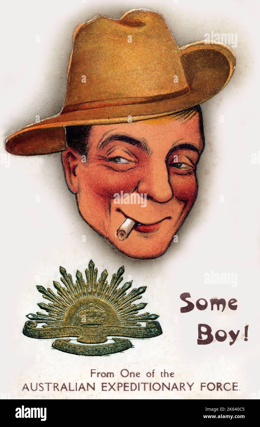 Some Boy! A caricature of a cheeky Australian solder - WW1 era - member of the Australian Expeditionary Force (The First Australian Imperial Force - 1st AIF) Stock Photo