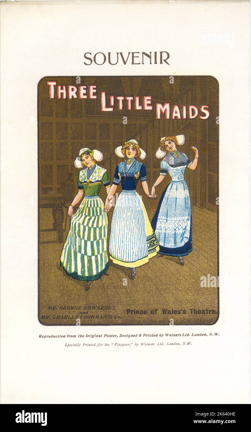 Reproduction of the poster, printed by Weiner's, for 'Three Little Maids' staged at the Prince of Wales's Theatre by George Edwardes and Charles Frohman's company in 1902. Stock Photo