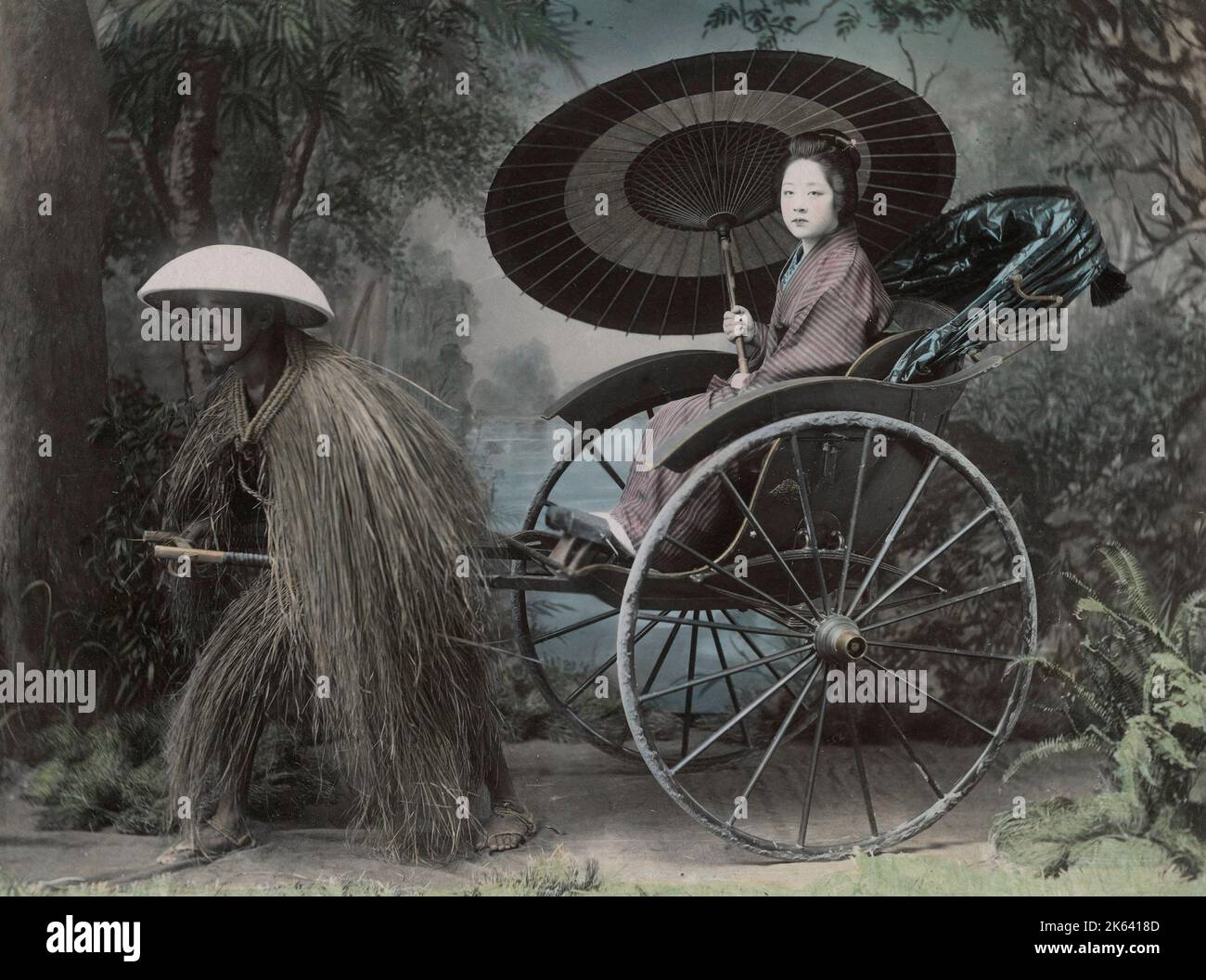 Woman with parasol in a rickshaw pulled by a man in a grass coat ...
