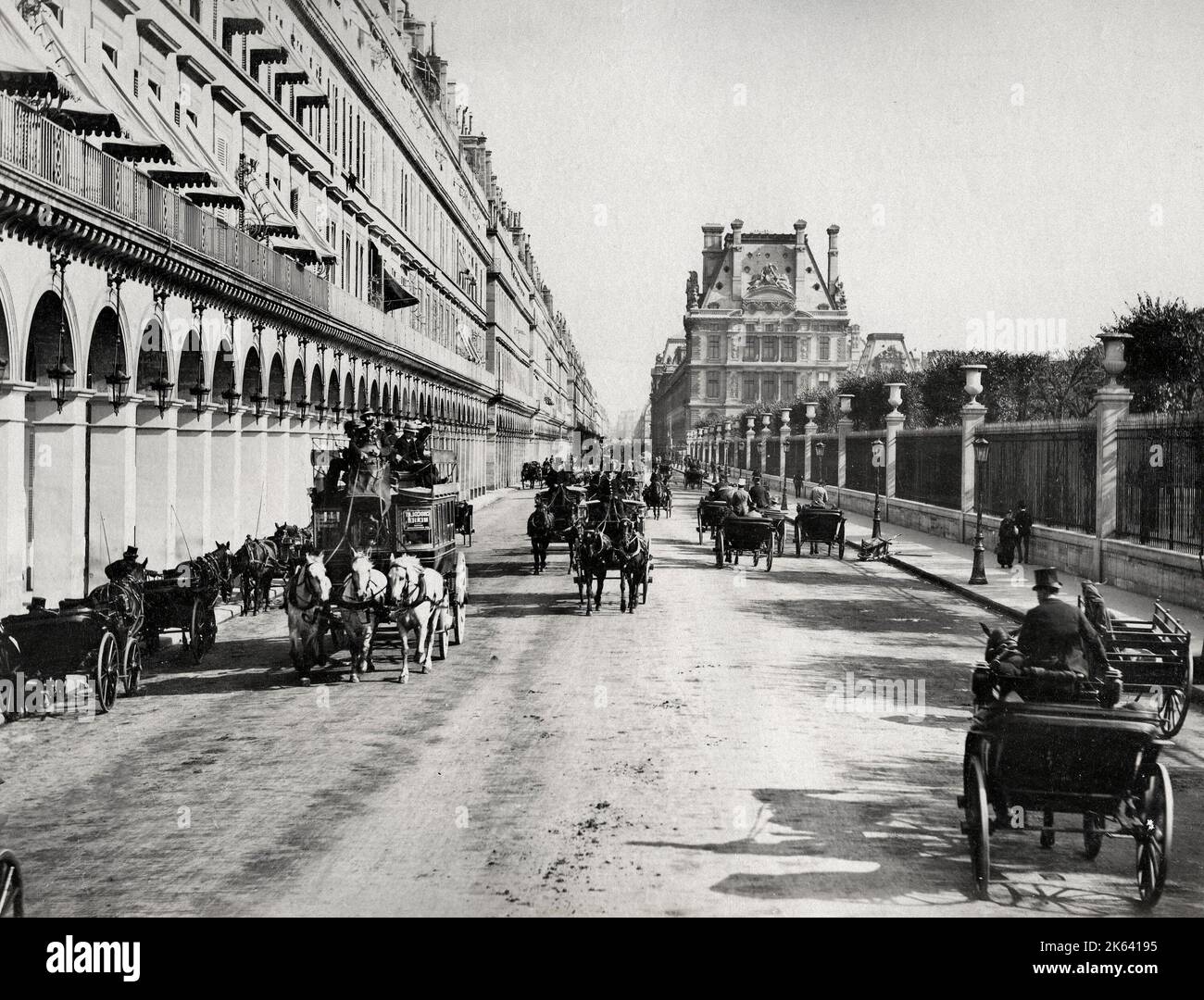 Vintage 19th century photograph: Carriage traffic on the Rue de Rivoli, Paris, France Stock Photo