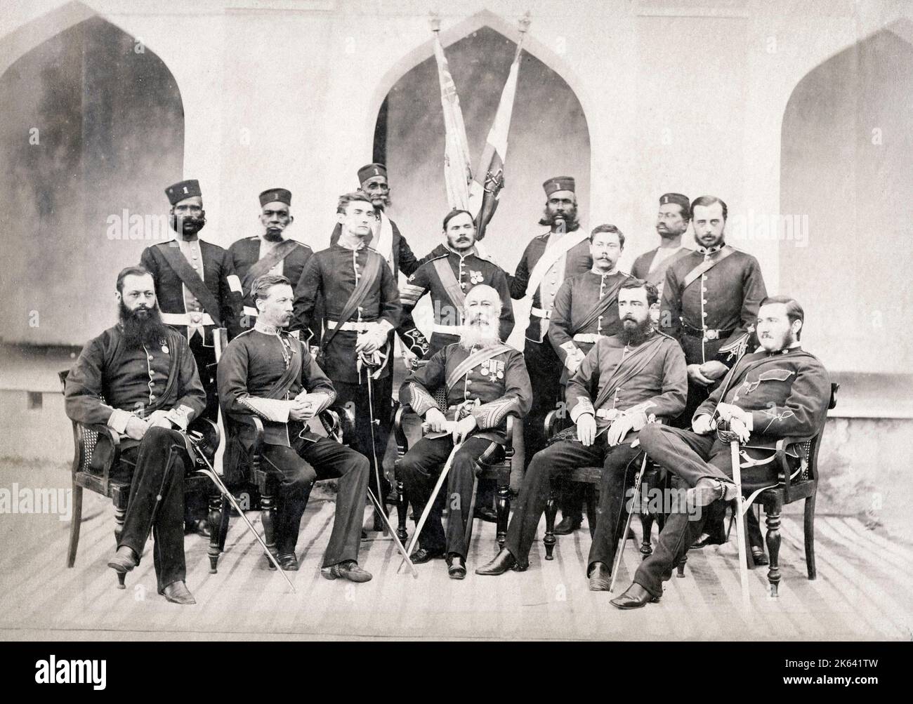 Officers in a British army regiment, India, 19th century probably the 1st or Royal Regiment of Foot Stock Photo