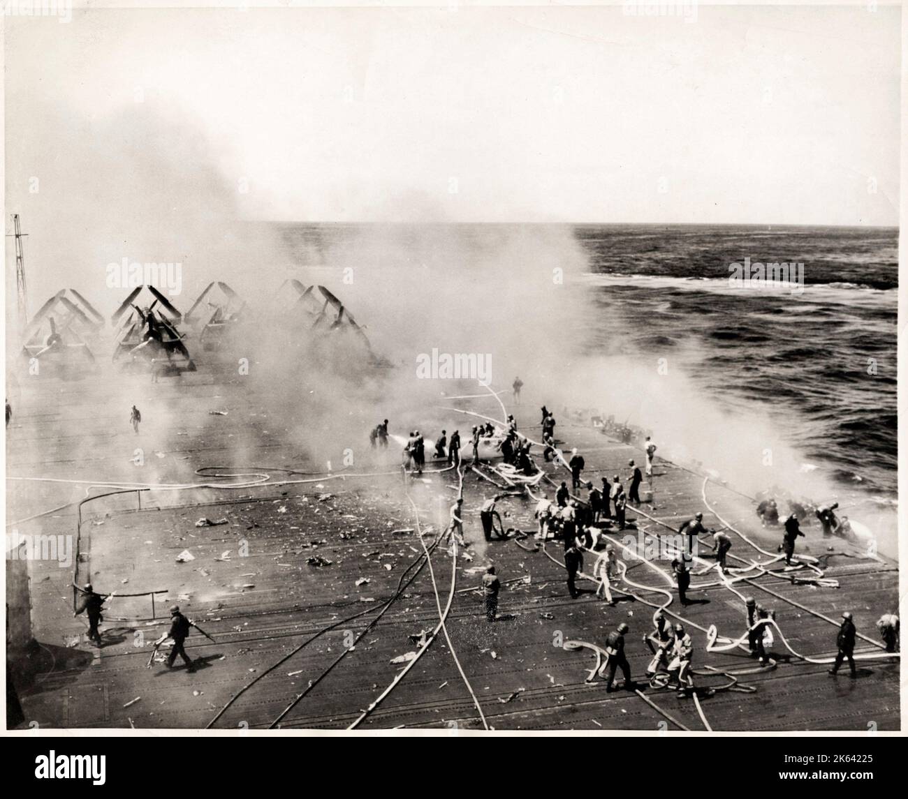 Fire on an aircraft carrier flight deck, World War II Stock Photo