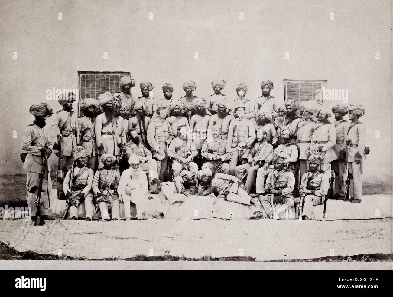 Vintage 19th century photograph - British army in India, 1860s - Colonel Brownlow and men of the !st Sikhs 1866 Stock Photo
