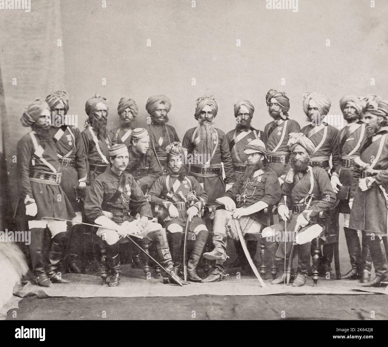 Vintage 19th century photograph - British army in India, 1860s - officers of the 9th BBengal Cavalry 1864 Stock Photo
