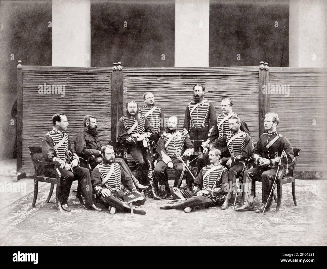 Vintage 19th century photograph - British army in India - officers of the Royal horse Artillery regiment, Peshawar, 1866 Stock Photo