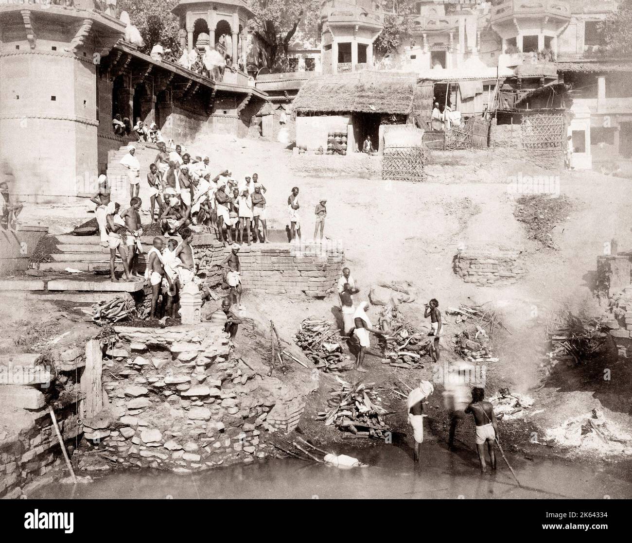 c.1880s India - burning ghat for cremation dead bodies on the Ganges at Benares Varanasi Stock Photo