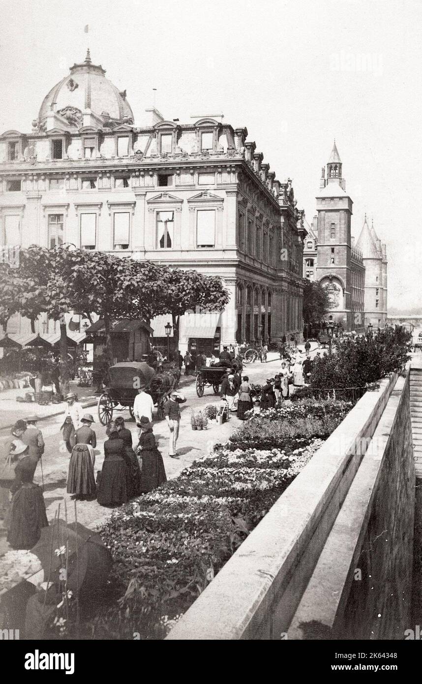 Vintage 19th century photograph - flower market on the bank of the River Seine, Paris, France Stock Photo