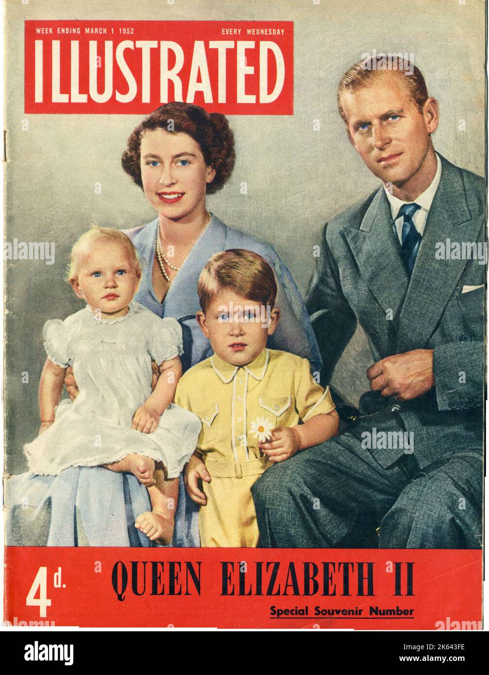 Front cover of Illustrated magazine, special souvenir issue, featuring a portrait of Queen Elizabeth II with Prince Philip, Duke of Edinburgh, Prince Charles and  Princess Anne. Stock Photo