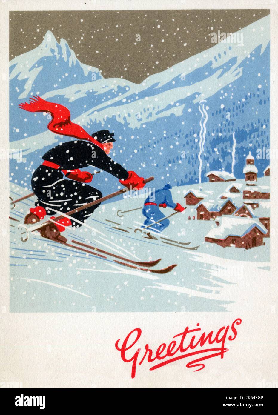 Christmas and New Year Greetings Card - Skiing Stock Photo