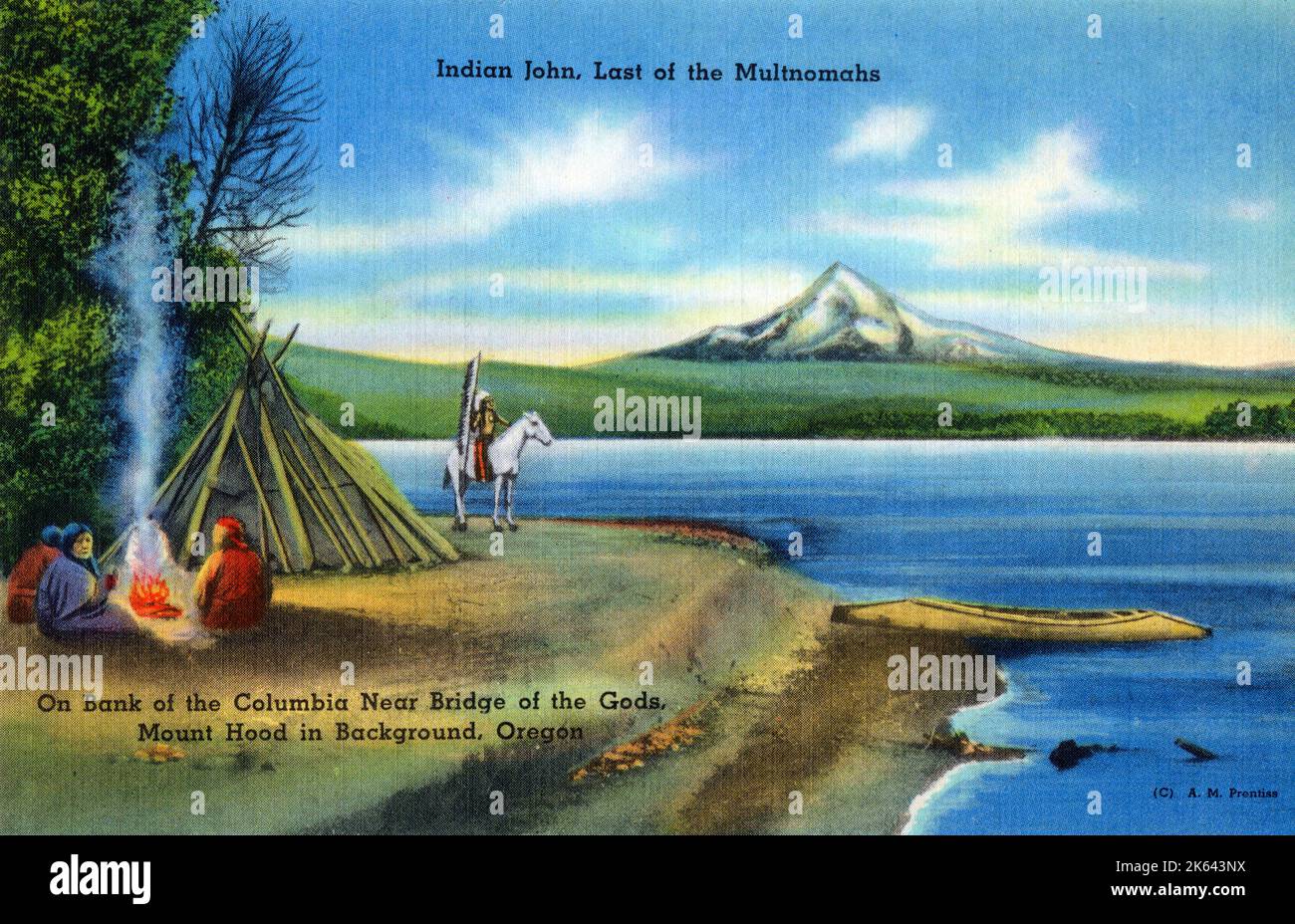 Portland, Oregon, USA - Indian John, last of the Multnomahs at his camp on the bank of the Columbia River near Bridge of the Gods, with Mount Hood in the background. Stock Photo