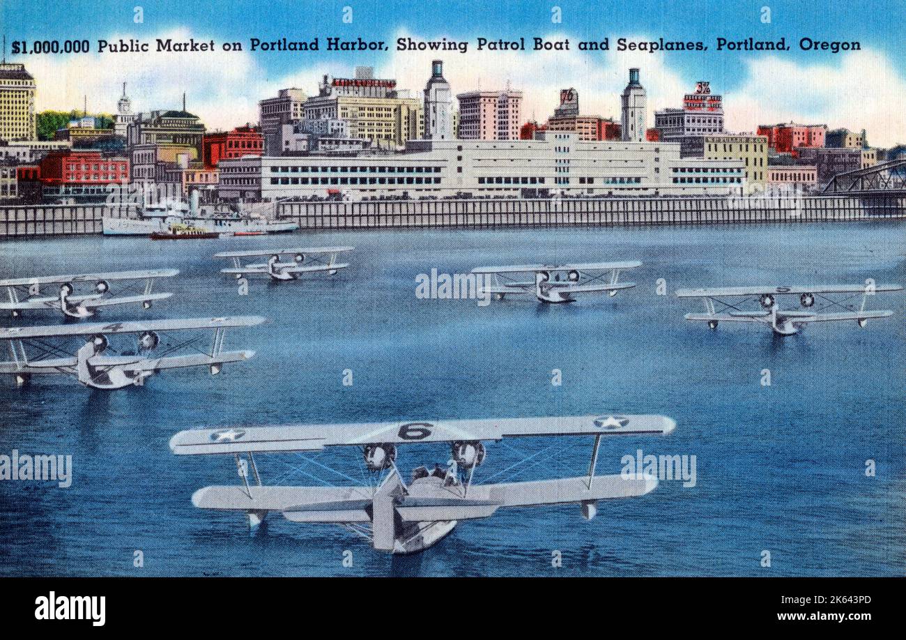 Portland, Oregon, USA - A $1,000,000 Public Market on Portland Harbour, picture showing seaplanes and Patrol Boat. Stock Photo