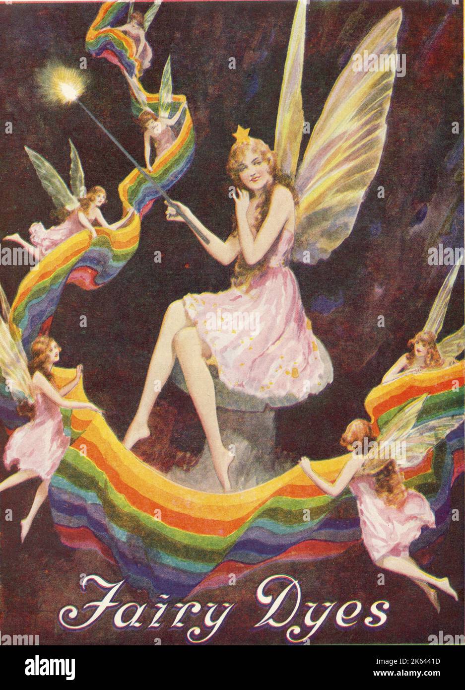 Advertisement for Fairy Dyes, promoted, appropriately, by some fairies who flutter through the night sky carrying a length of rainbow fabric. Stock Photo