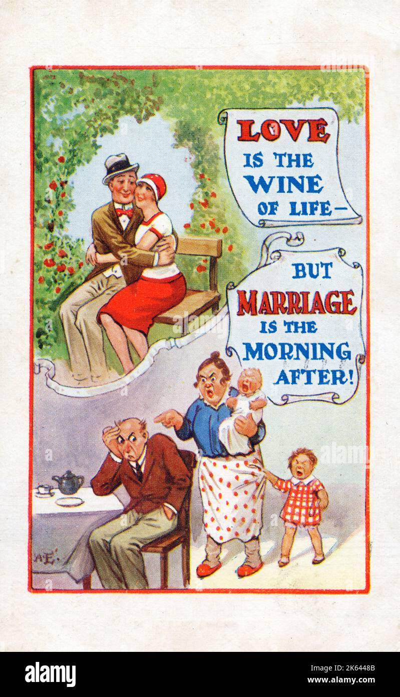 Comic Postcard - The differences between Love and Marriage... LOVE is the wine of life, but MARRIAGE is the morning after!!     Date: 1931 Stock Photo