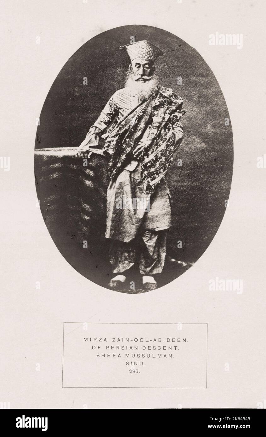 Vintage 19th century photograph: The People of India: A Series of Photographic Illustrations, with Descriptive Letterpress, of the Races and Tribes of Hindustan - published in the 1860s under order of the Viceroy, Lord Canning - Mirza Zain-Ool-Abideen of Persian descent, Sheea Mussulman, Sind, Shia Muslim. Stock Photo