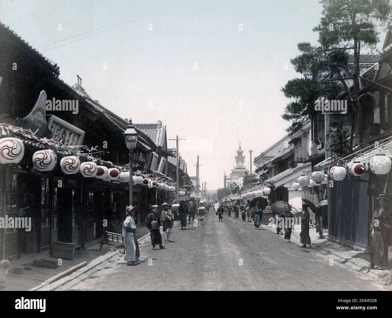 Street filled with festival lanterns, Bentendori, Yokohama, Japan, c.1880's Vintage late 19th century photograph Stock Photo