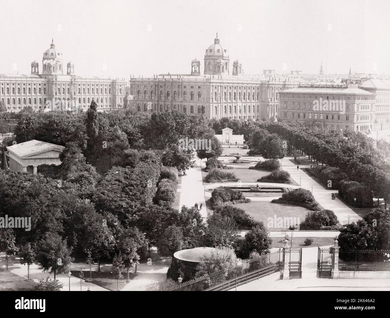 19th century vintage photograph: The Volksgarten is a public park in the Innere Stadt first district of Vienna, Austria. The garden, which is part of the Hofburg Palace, was laid out by Ludwig Remy in 1821. Stock Photo