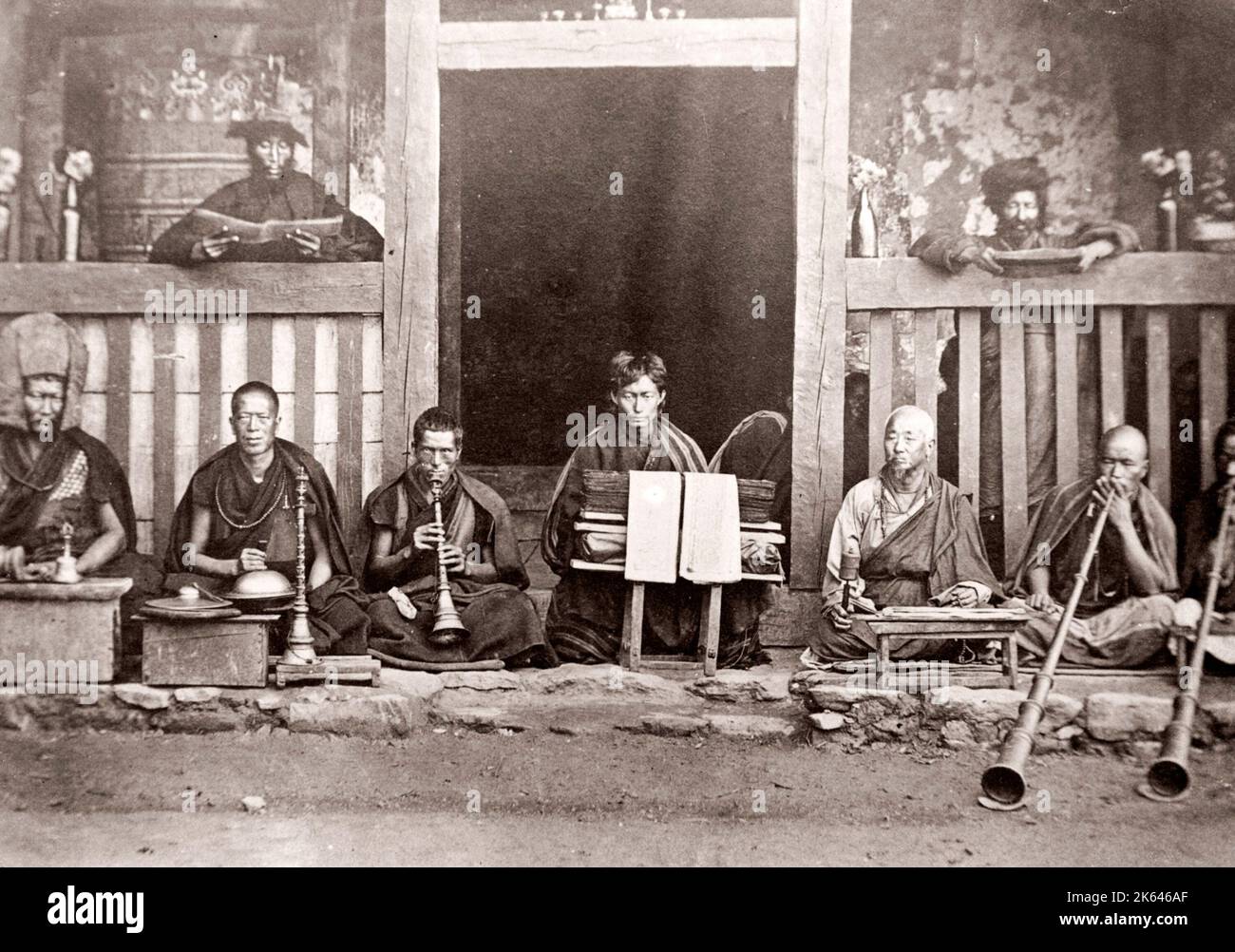 bhotan-bhutanese-priests-at-worship-darjeeling-india-c-1880-s-stock