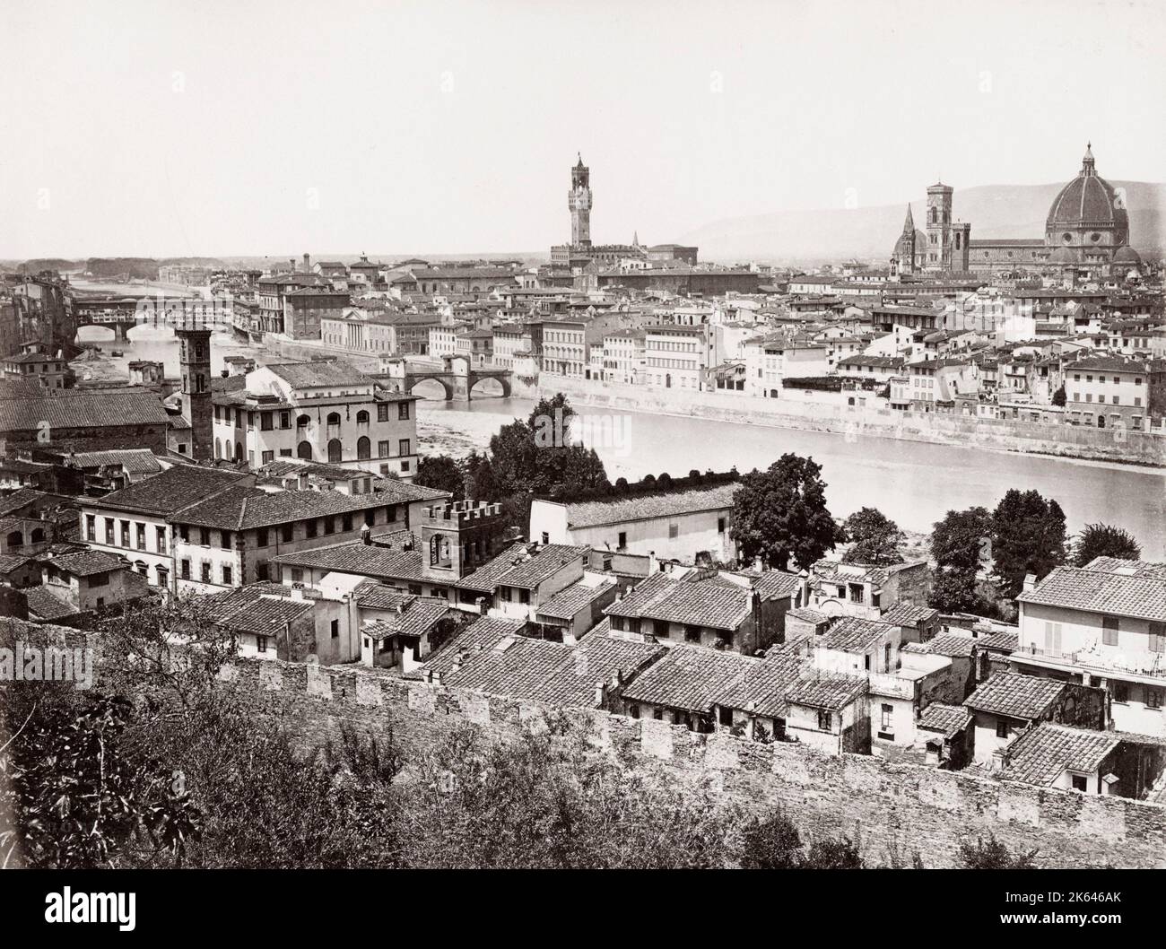 19th century vintage photograph: view of Florence, Firenze, across the River Arno, Italy. Stock Photo