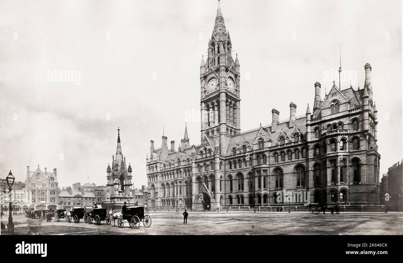 Vintage 19th century photograph: town hall, Mnachester, hackney carriages and horses. Stock Photo