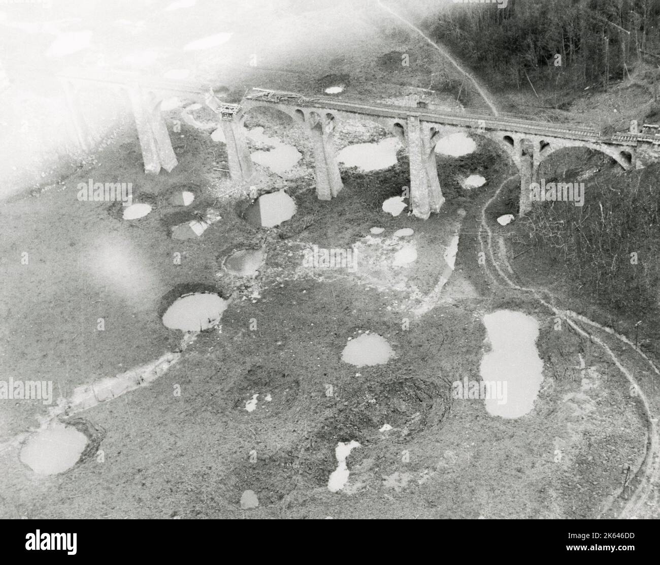Vintage World War II photograph - official US military photo: bombed railway bridge, Netze, Germany, 9th Airforce bombardment. Stock Photo
