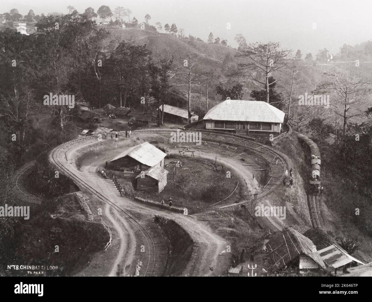19th century vintage photograph: Chinbatti loop, tracks on the Darjeeling Railway, railroad, India. Stock Photo