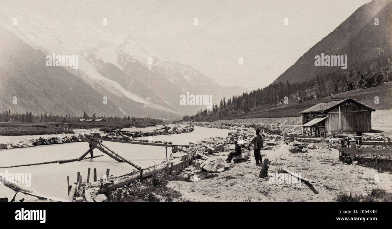 Vintage 19th century photograph - Chamonix Valley and Mont Blanc. Chamonix-Mont-Blanc is a commune in the Haute Savoie department in the Rhone-Alpes region in the south-eastern part of France. Image c.1870's. Stock Photo