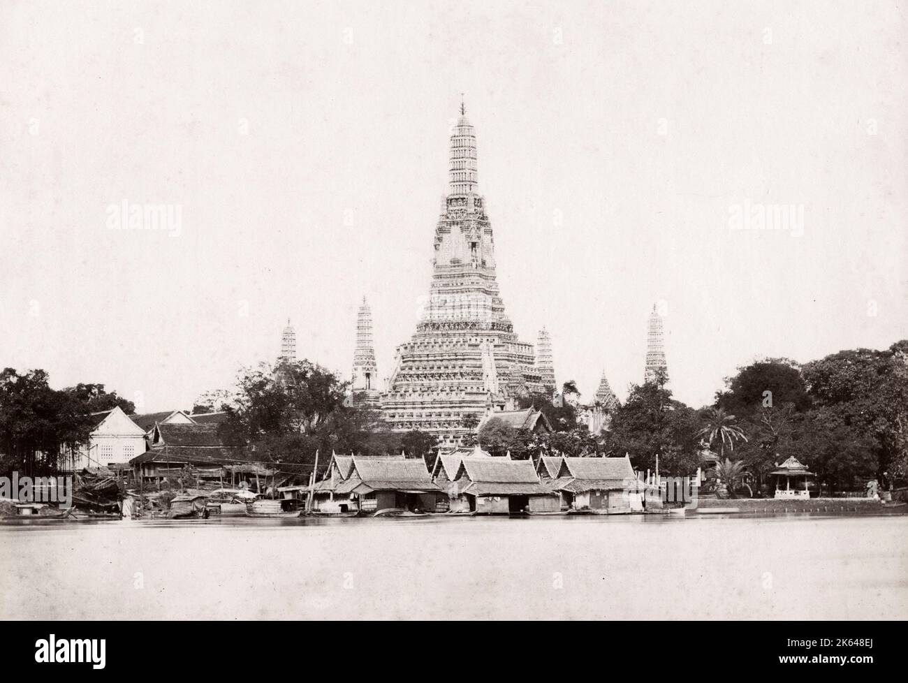 Vintage 19th century photograph: Waterfront temple, pagoda, in Bangkok, Siam, Thailand Stock Photo