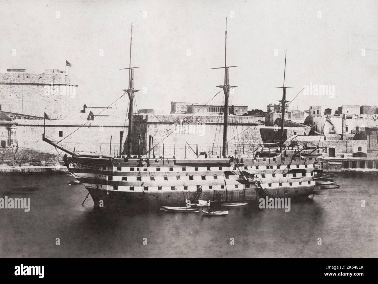 Late 19th century vintage photograph: HMS Hibernia was a 110-gun first-rate ship of the line of the Royal Navy. Flagship of the Royal Navy base Malta until 1902. Stock Photo