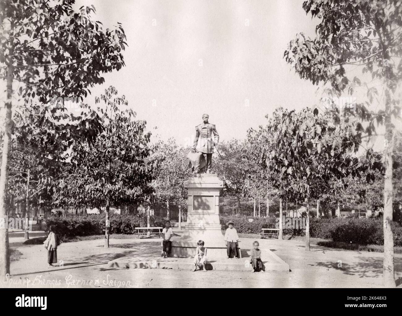 Vintage late 19th century photograph: Saigon, Ho Chim Minh City, Vietnam, Francis Garnier statue. Stock Photo