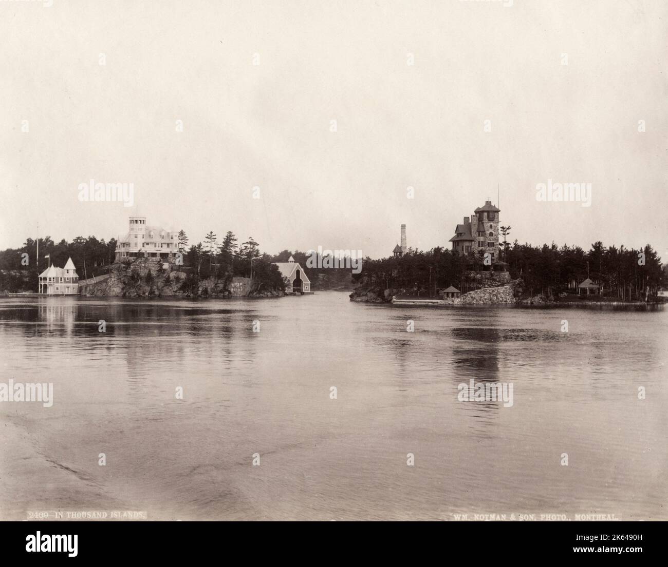 19th century vintage photograph - the Thousand Islands, St Lawrence River, Canada. The Thousand Islands are a group of more than 1,800 islands in the St. Lawrence River, straddling the border of the U.S. and Canada.  Photograph William Notman, c.1880's. Stock Photo