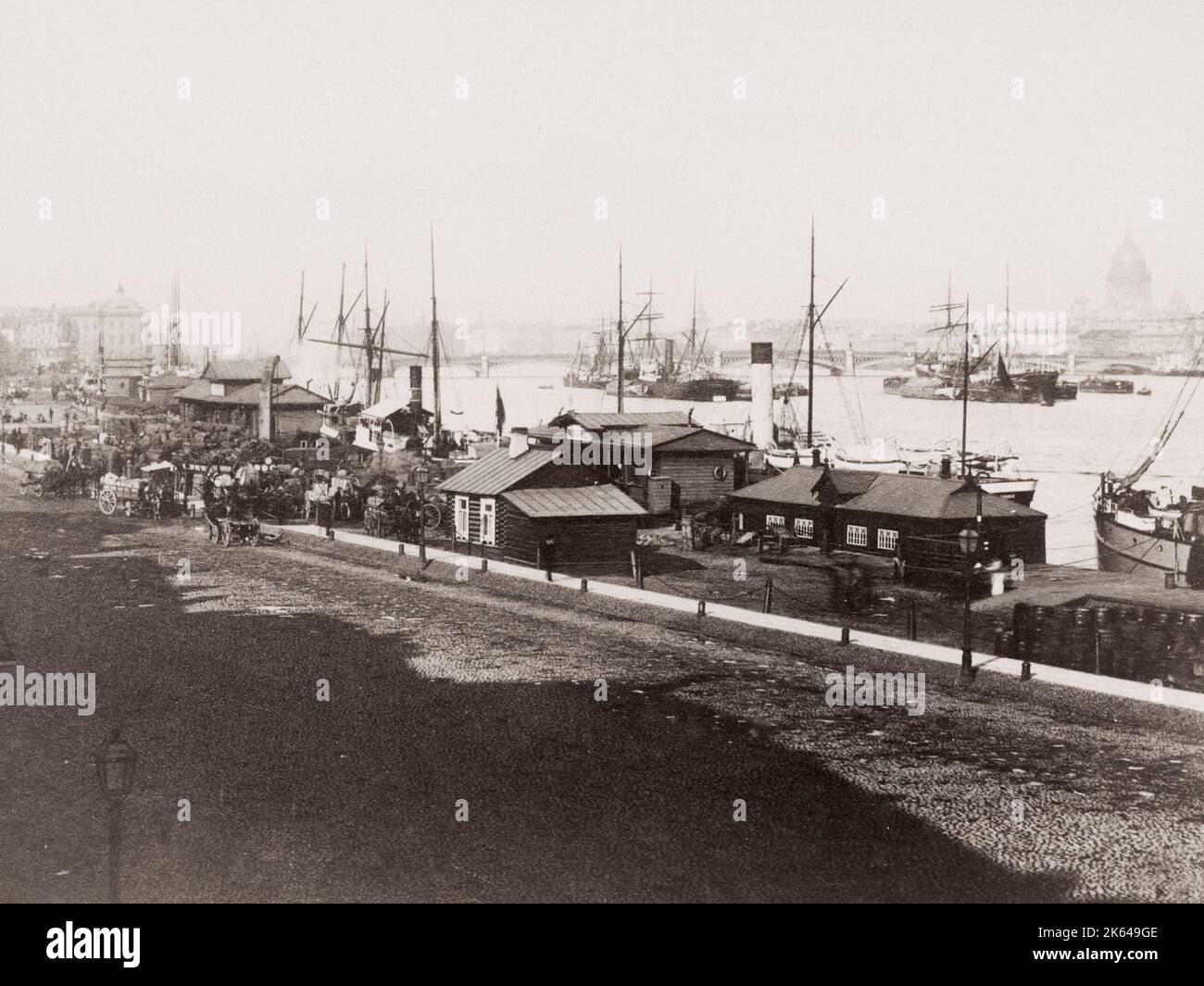 Vintage 19th century photograph: embankment, with ships, quay, St  Petersburg, Russia. Stock Photo