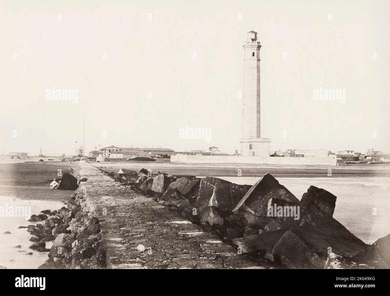 Vintage 19th century photograph: lighthouse Port Said, Egypt, Suez Canal. Stock Photo
