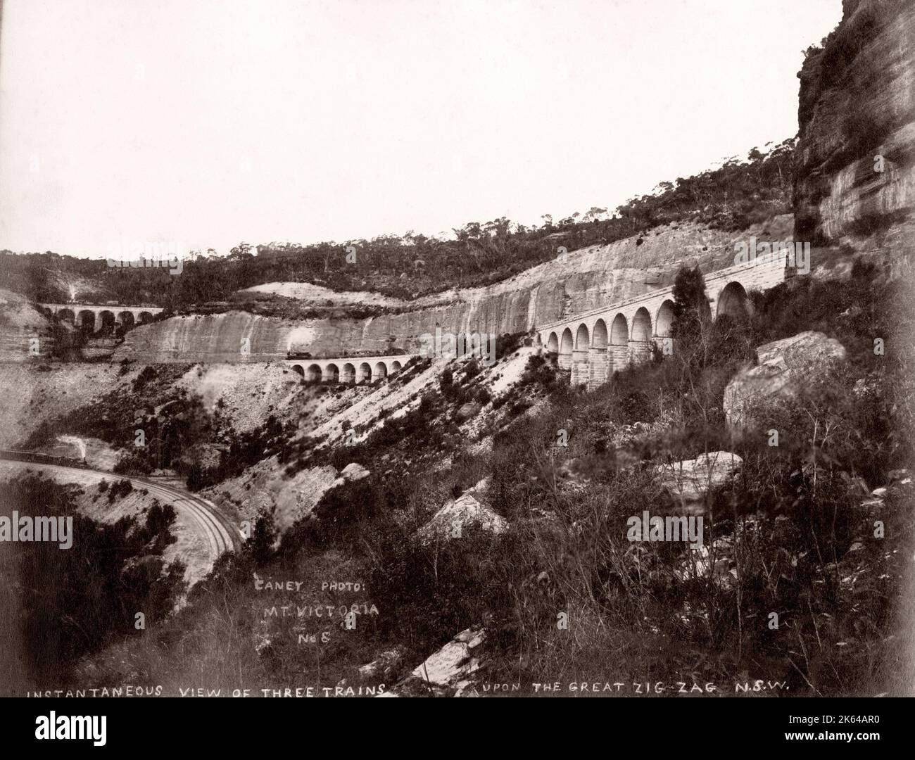 19th century vintage photograph - The Zig Zag Railway, Australian heritage railway, Lithgow in the state of New South Wales,  Blue Mountains. Stock Photo